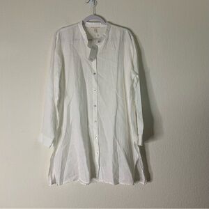 Eileen fisher Womens white linen modern collar long sleeve button front tunic L